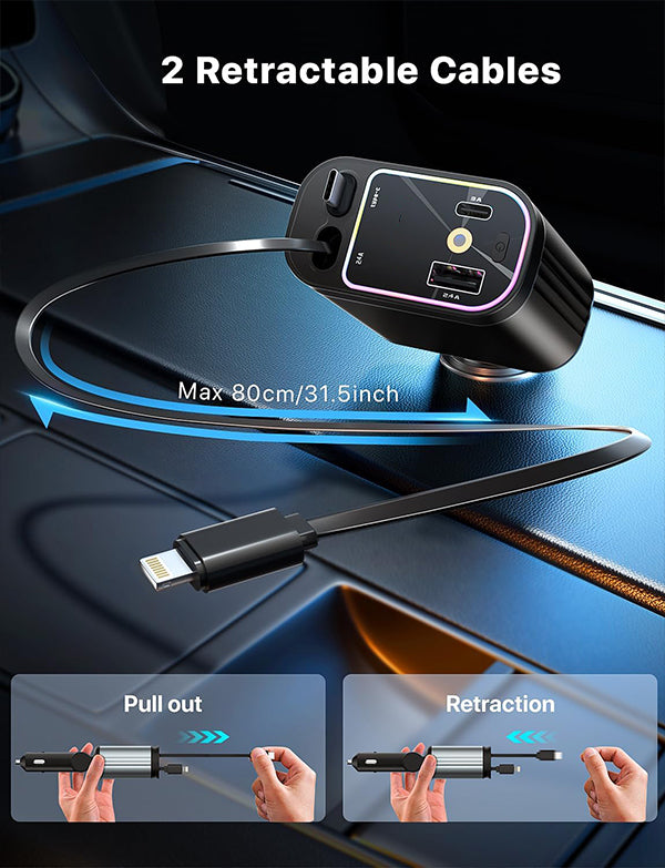 Starry Sky Atmosphere Light 4 in 1 Retractable Cable Cigarette Lighter Multi-Function Car Charger Fast Car Charger